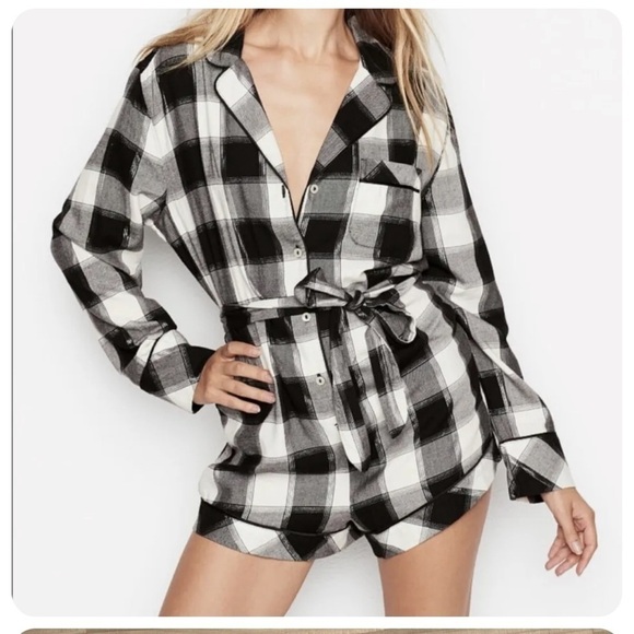 Victoria’s Secret Pajama Romper Black And White Plaid Flannel Romper - Picture 3 of 3